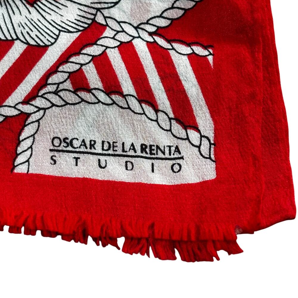 Vintage Oscar de la Renta Studio silk scarf fringe ends red white & gold print